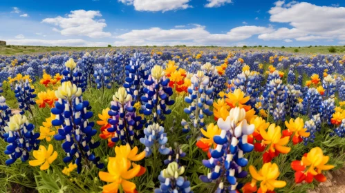 Tranquil Field of Bluebonnets and Indian Paintbrushes in Texas
