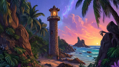 Tranquil Tropical Island with Lighthouse at Sunset