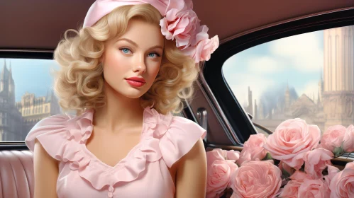 Young Woman in Pink Dress and Hat in Car with Roses