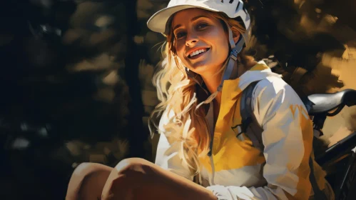 Young Woman Mountain Biking Break in Woods