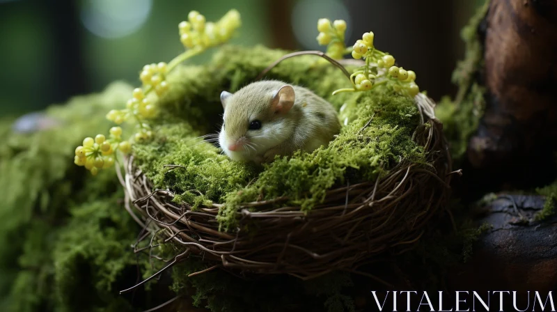 AI ART Brown Mouse in Nest Among Green Leaves and Flowers