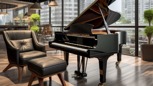Elegant Black Grand Piano in Modern City Living Room