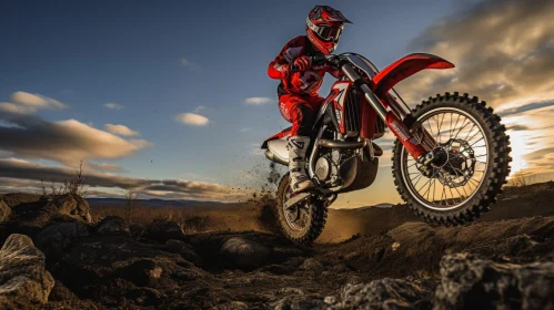 Extreme Dirt Bike Rider Jumping Over Rocky Hill at Sunset