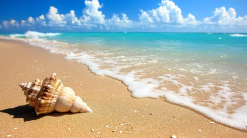 Tranquil Beach Scene with Crystal-Clear Water and Seashell