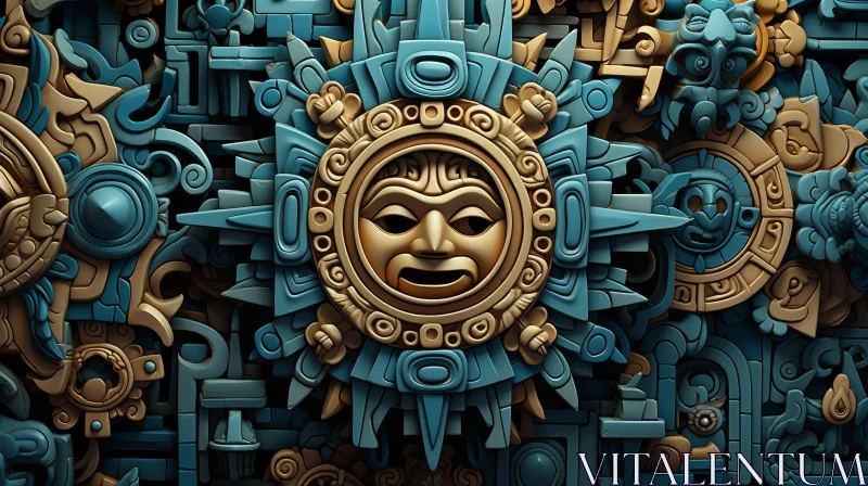 AI ART Ancient Mayan Bas-Relief Sun God Mask Artwork