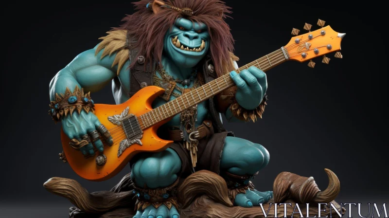 Blue Ogre Playing Electric Guitar - Fantasy 3D Rendering AI Image