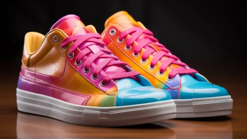 Colorful Sneakers with Pink Laces on Wooden Table
