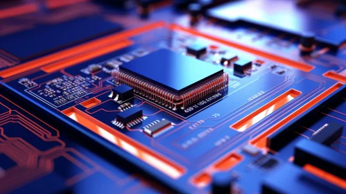 Computer Circuit Board Close-Up: Electronic Components and Central Chip