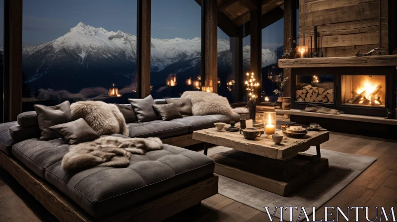 AI ART Cozy Living Room with Snowy Mountain View