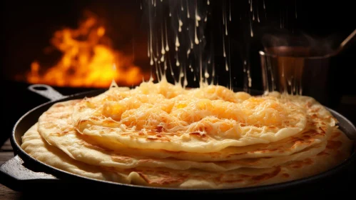 Delicious Pancakes with Melted Cheese on Dark Wooden Table