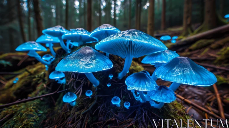 Enchanting Glowing Blue Mushrooms in Dark Forest AI Image