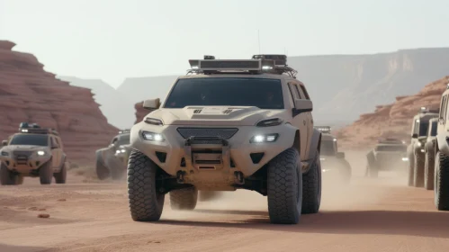 Futuristic Military Vehicles in Desert Landscape