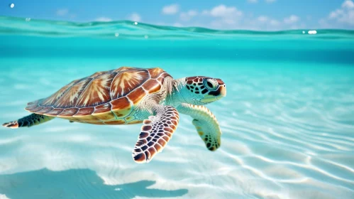 Majestic Sea Turtle Swimming in Clear Blue-Green Waters