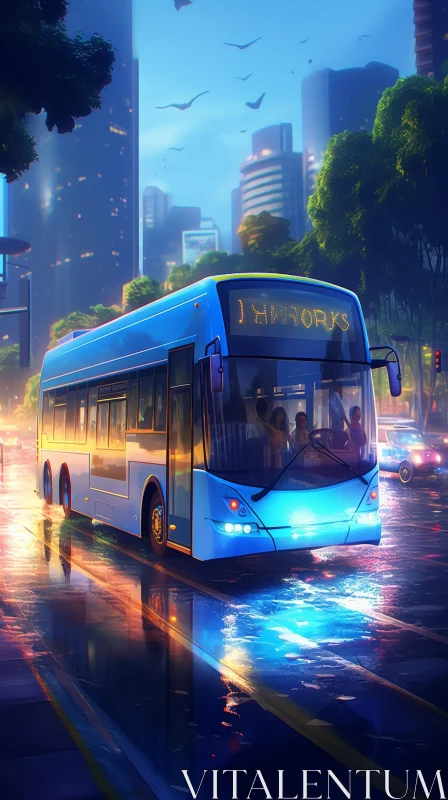 AI ART Rainy City Street Scene with Blue Bus - Urban Life Artwork