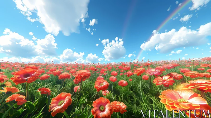 Red Gerbera Daisies Field with Rainbow - Natural Beauty Captured AI Image