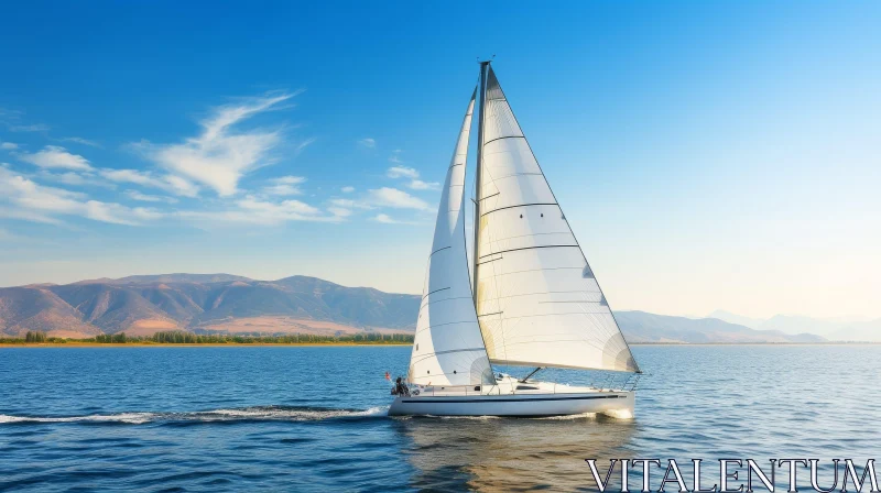 AI ART Tranquil Sailboat Scene on Blue Lake with Mountains