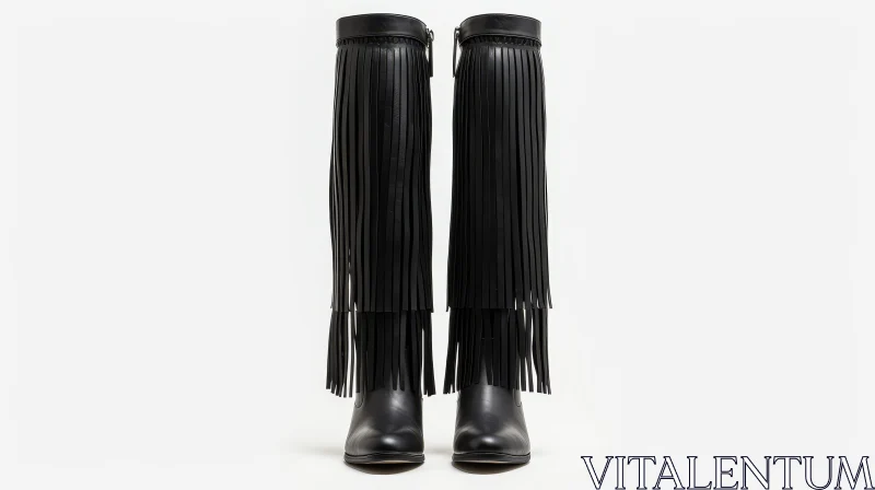AI ART Black Leather Knee-High Boots with Fringe - Fashion Statement