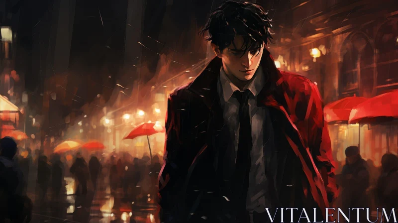 Dark Rainy Street Scene with Man and Red Umbrella AI Image