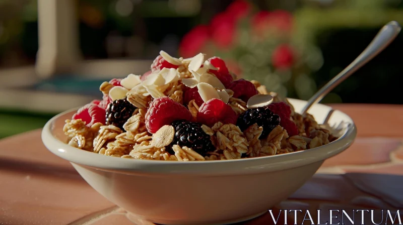 Delicious Oatmeal with Berries and Almonds on Pink Table AI Image