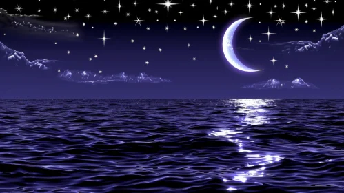 Night Seascape with Moonlight and Stars