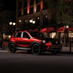 Red SUV Parked on City Street at Night | Photobashing Art