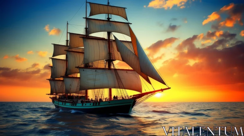 Sailing Ship at Sunset Painting AI Image