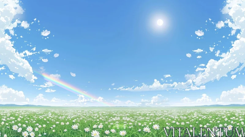 Tranquil Field of White Flowers Under Blue Sky with Rainbow AI Image