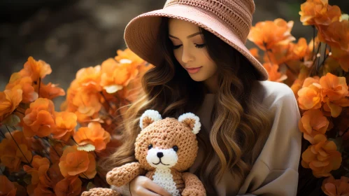Young Woman in Field of Flowers with Teddy Bear