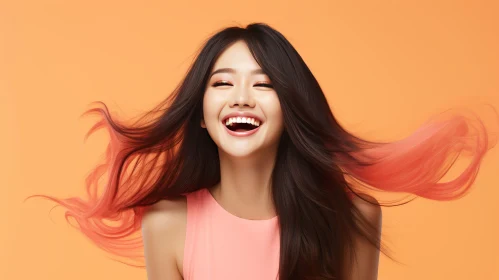 Asian Woman in Pink Dress Smiling on Orange Background