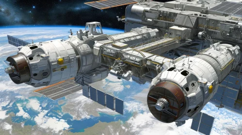 Detailed Space Station Orbiting Earth with Solar Panels