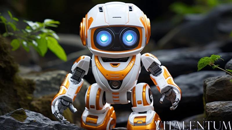 Futuristic White and Orange Robot on Rocky Surface AI Image