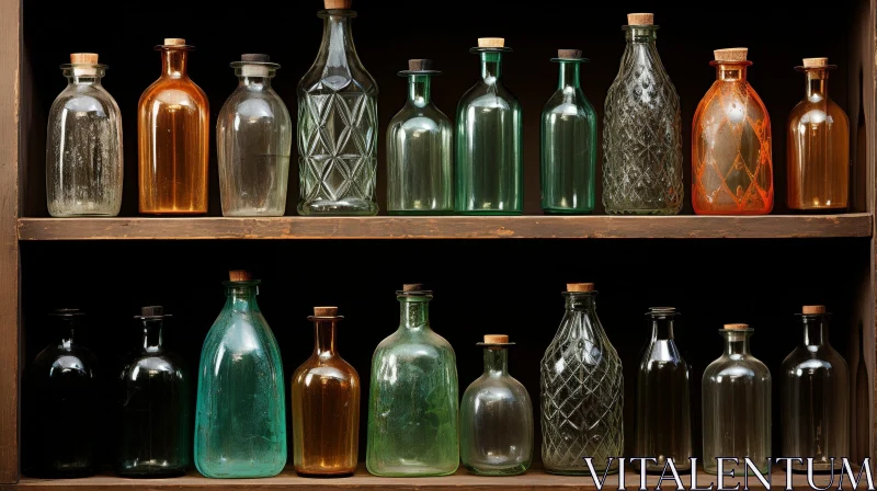 Glass Bottles on Wooden Shelves: Unique Shapes and Colors AI Image