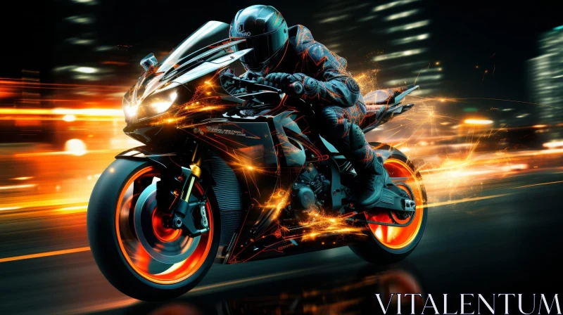 AI ART Man Riding Black and Orange Motorcycle in Cityscape at Night
