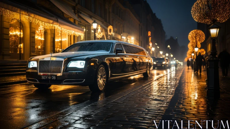 Night Cityscape with Luxury Limousine Reflection AI Image
