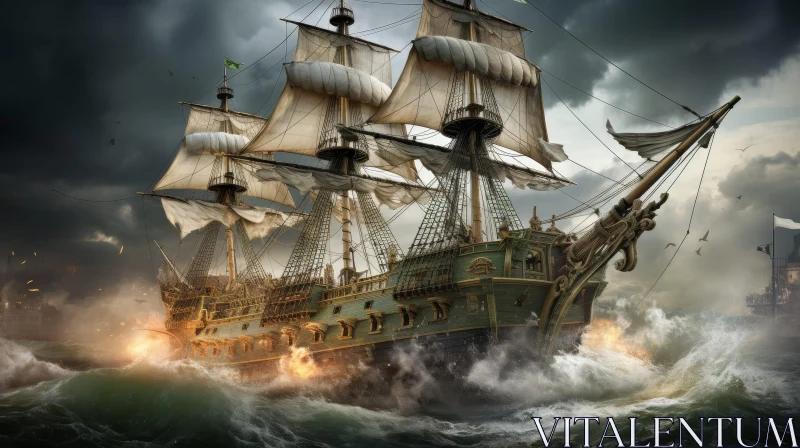Pirate Ship Sailing in Stormy Sea - Digital Painting Adventure AI Image