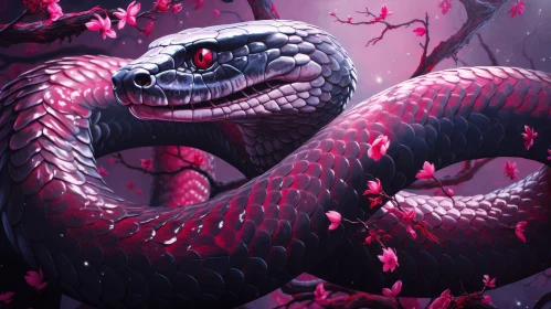 Surreal Digital Painting of Snake and Cherry Blossom Tree