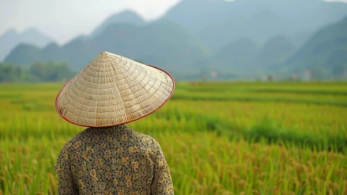 Vietnamese Woman in Traditional Conical Hat in Rice Field