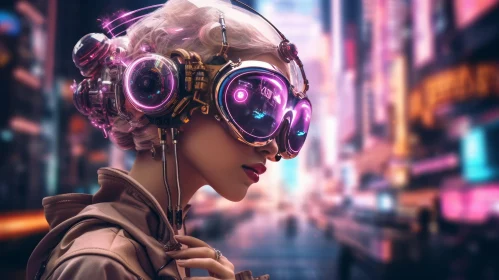 Confident Woman with Futuristic Headset in Urban Setting
