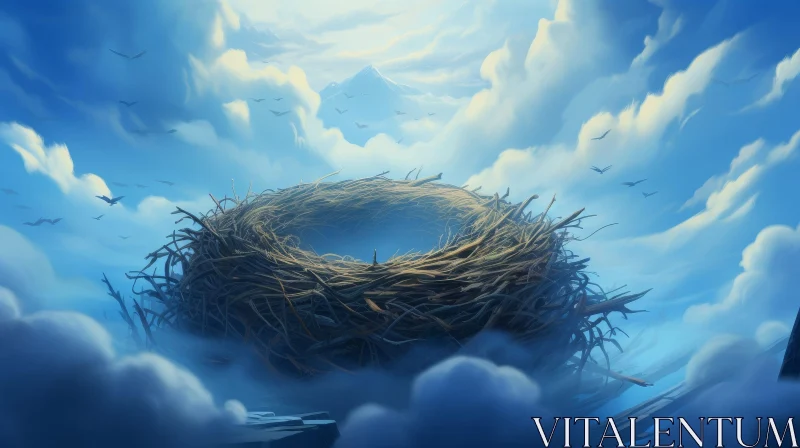 AI ART Enchanting Nest in Cloudy Sky Digital Painting