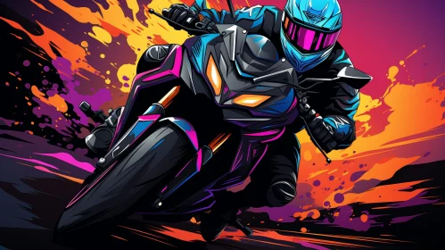 Motorcyclist Digital Painting: Black and Blue Rider