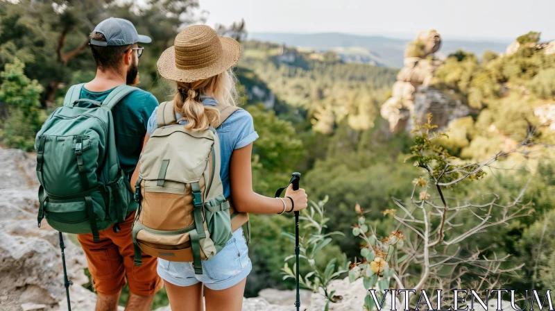 Mountain Adventure: Young Couple Enjoying Scenic View AI Image