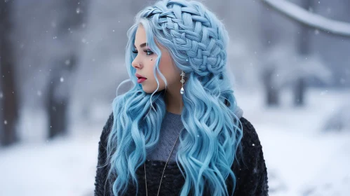 Pensive Young Woman with Blue Hair in Winter Landscape