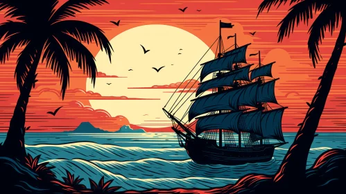 Pirate Ship Illustration on High Seas