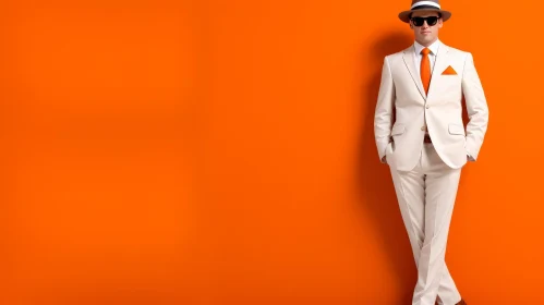 Serious Man in White Suit on Orange Background