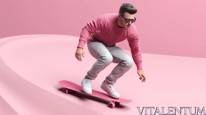 Surprised Young Man Skateboarding on Pink Background AI Image