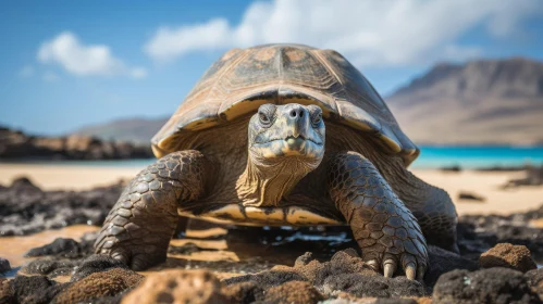 Close-Up Galapagos Tortoise on Beach