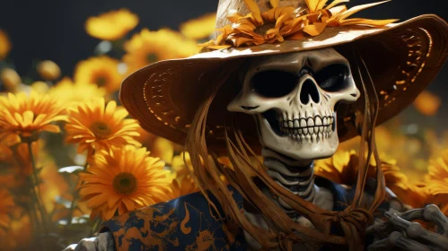 Creepy Skeleton in Sunflower Field