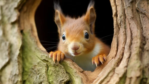 Curious Red Squirrel Peeking from Tree Hole