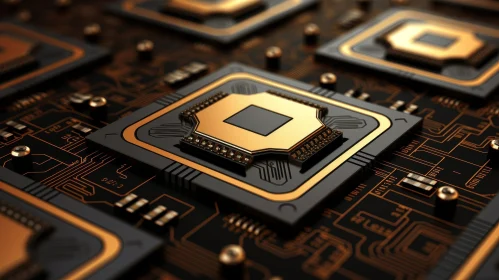 Detailed Close-Up of Silicon Computer Chip with Gold-Colored Surface