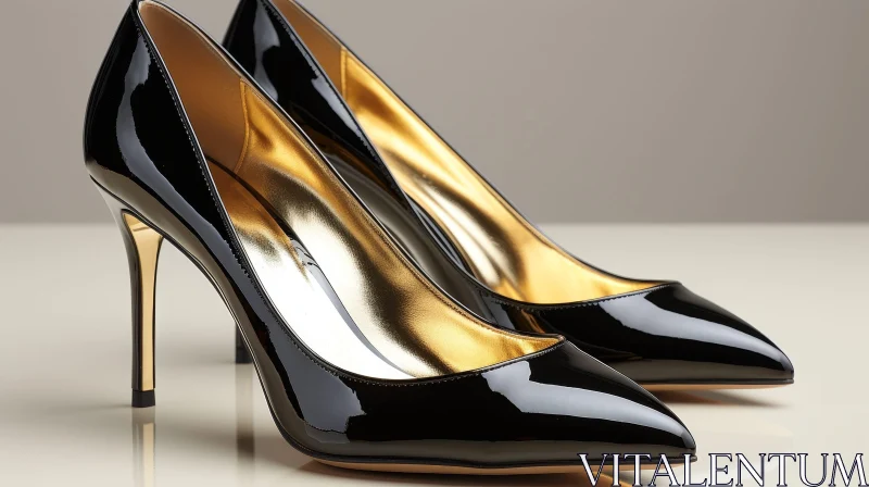 Elegant Black Patent Leather High Heel Shoes with Gold Stiletto Heels AI Image